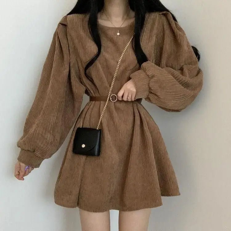 Corduroy Mini Dress – Puff Sleeves & Belted Waist - LunaKit.LTD