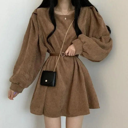 Corduroy Mini Dress – Puff Sleeves & Belted Waist - LunaKit.LTD