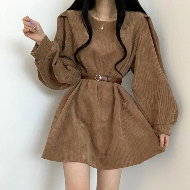 Corduroy Mini Dress – Puff Sleeves & Belted Waist - LunaKit.LTD