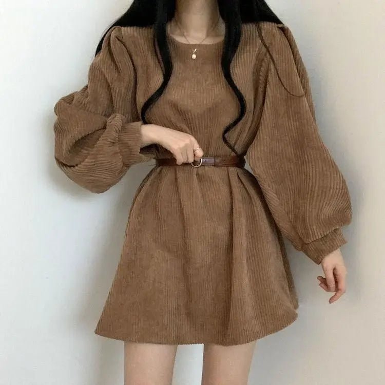 Corduroy Mini Dress – Puff Sleeves & Belted Waist - LunaKit.LTD