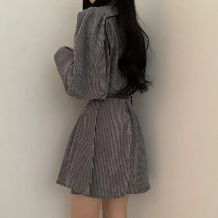 Corduroy Mini Dress – Puff Sleeves & Belted Waist - LunaKit.LTD