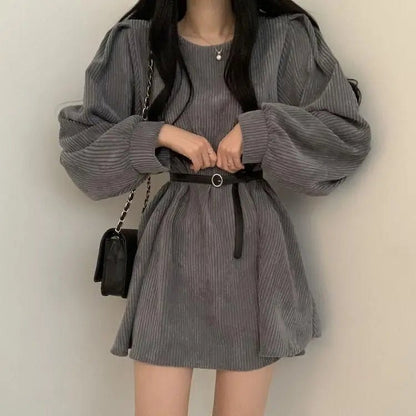 Corduroy Mini Dress – Puff Sleeves & Belted Waist - LunaKit.LTD
