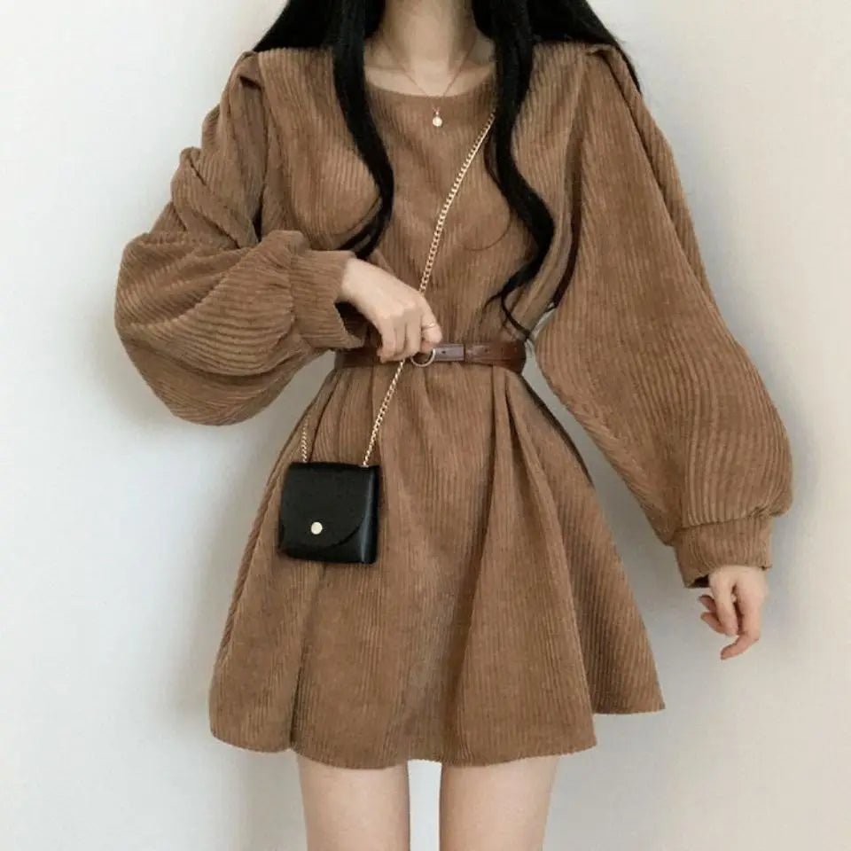 Corduroy Mini Dress – Puff Sleeves & Belted Waist - LunaKit.LTD