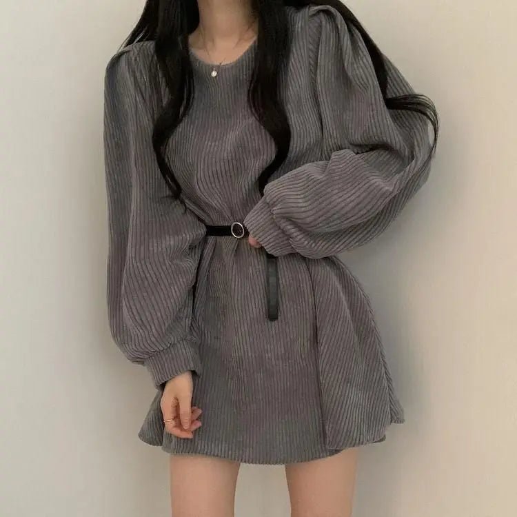 Corduroy Mini Dress – Puff Sleeves & Belted Waist - LunaKit.LTD
