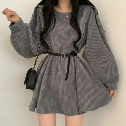 Corduroy Mini Dress – Puff Sleeves & Belted Waist - LunaKit.LTD