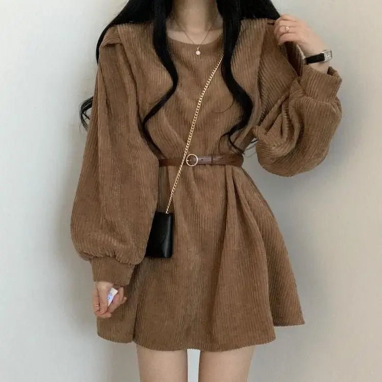 Corduroy Mini Dress – Puff Sleeves & Belted Waist - LunaKit.LTD