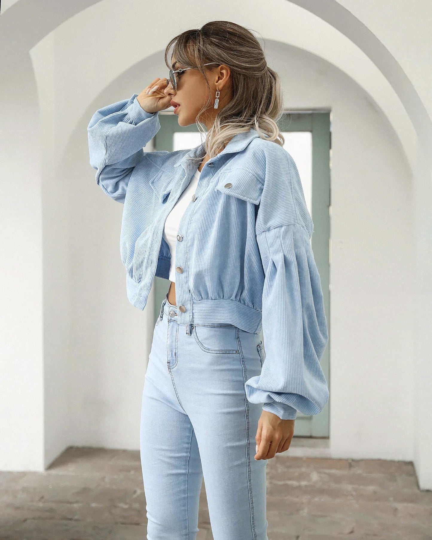 Cropped Corduroy Jacket – Button - Up with Balloon Sleeves - LunaKit.LTD