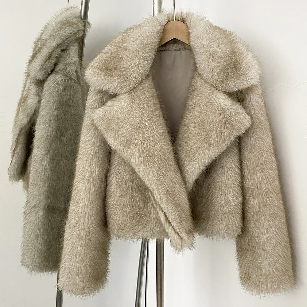 Cropped Faux Fur Jacket – Soft Beige Luxury - LunaKit.LTD