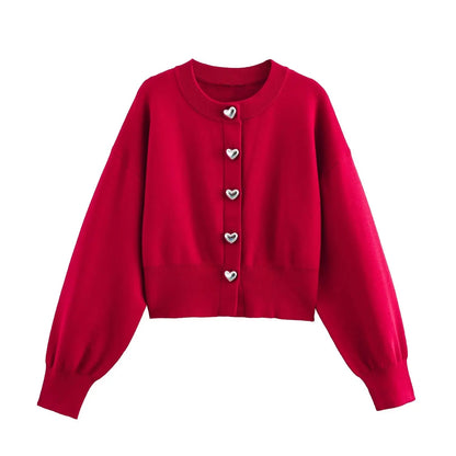 Cropped Knit Cardigan – Heart Button Detail - LunaKit.LTD