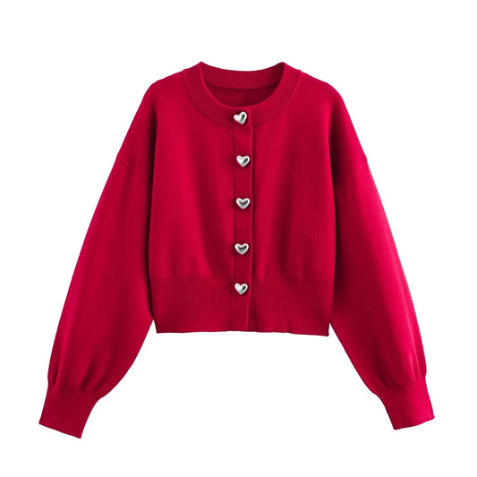 Cropped Knit Cardigan – Heart Button Detail - LunaKit.LTD
