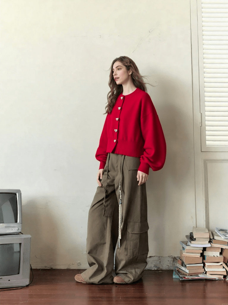 Cropped Knit Cardigan – Heart Button Detail - LunaKit.LTD