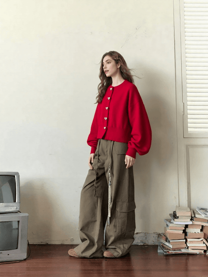 Cropped Knit Cardigan – Heart Button Detail - LunaKit.LTD