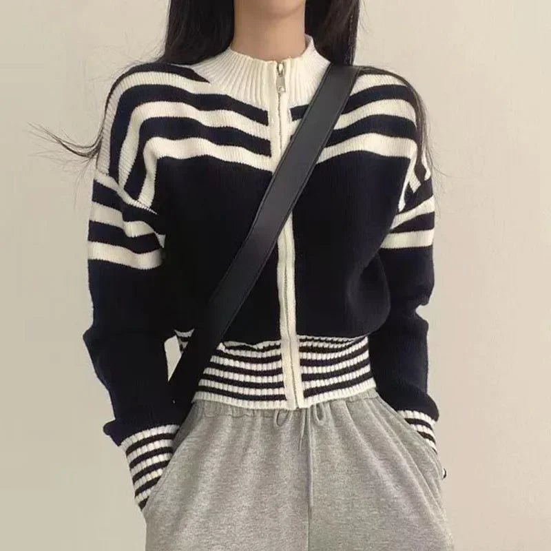 Cropped Striped Sweater – Elegant Retro Street Style - LunaKit.LTD