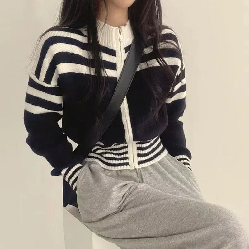 Cropped Striped Sweater – Elegant Retro Street Style - LunaKit.LTD