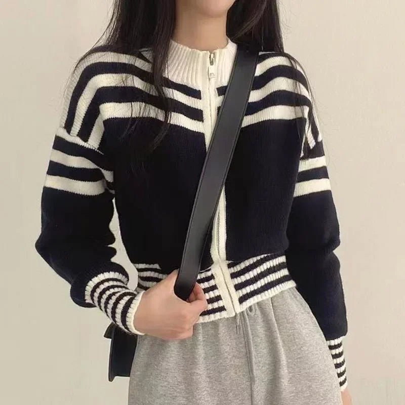 Cropped Striped Sweater – Elegant Retro Street Style - LunaKit.LTD