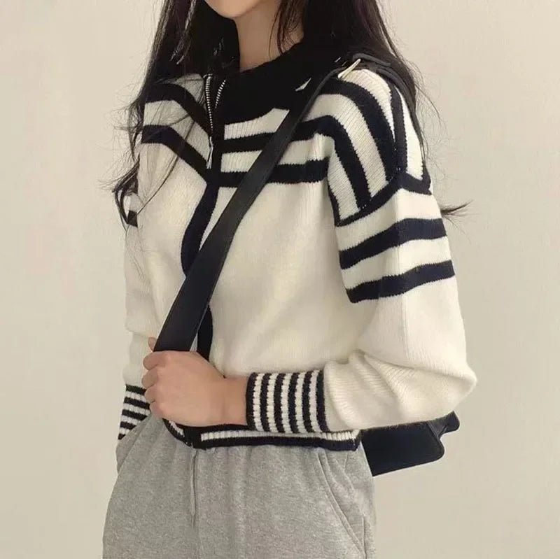 Cropped Striped Sweater – Elegant Retro Street Style - LunaKit.LTD