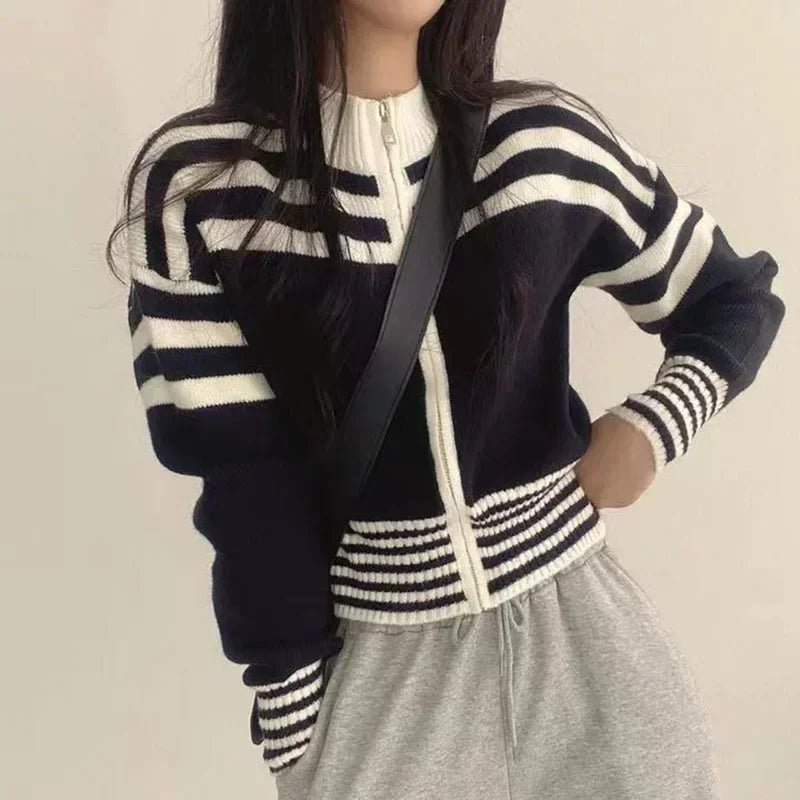 Cropped Striped Sweater – Elegant Retro Street Style - LunaKit.LTD