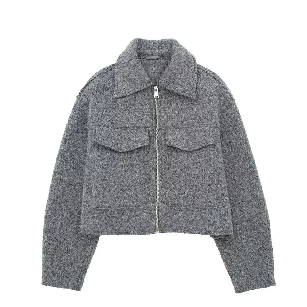 Cropped Wool - Blend Zip Jacket – Modern Boxy Fit - LunaKit.LTD