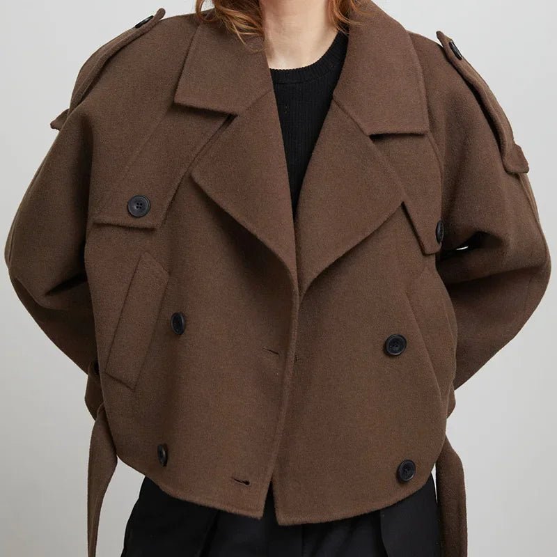 Cropped Wool Trench Jacket – Belted Double - Breasted - LunaKit.LTD