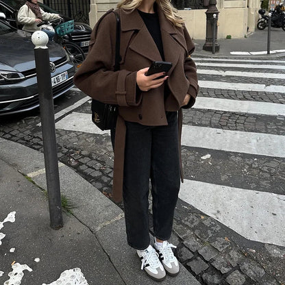 Cropped Wool Trench Jacket – Belted Double - Breasted - LunaKit.LTD