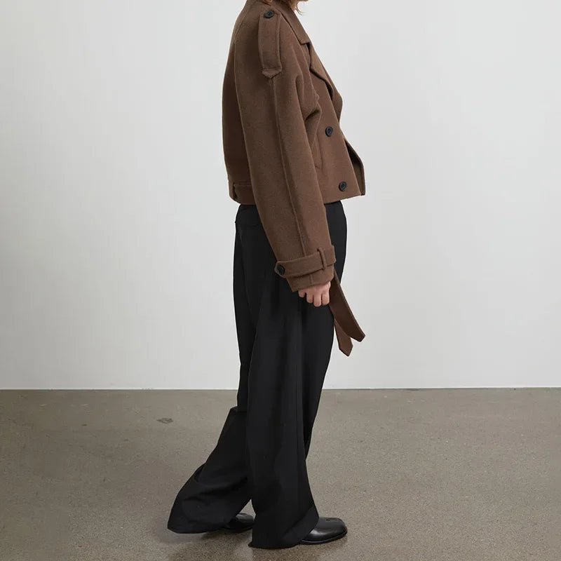 Cropped Wool Trench Jacket – Belted Double - Breasted - LunaKit.LTD