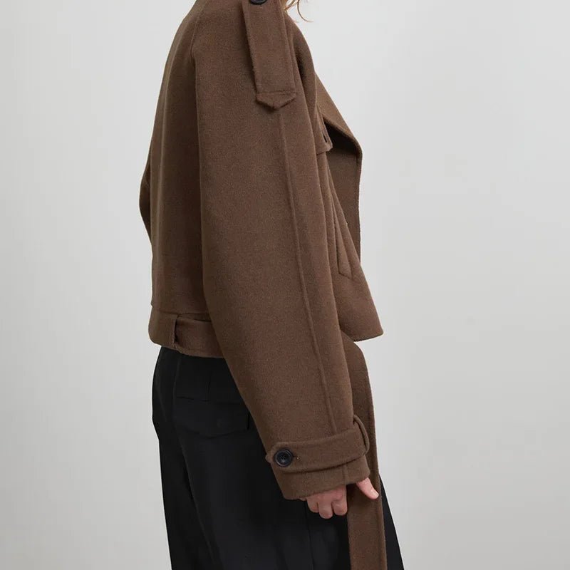 Cropped Wool Trench Jacket – Belted Double - Breasted - LunaKit.LTD