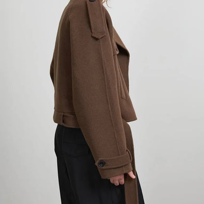 Cropped Wool Trench Jacket – Belted Double - Breasted - LunaKit.LTD