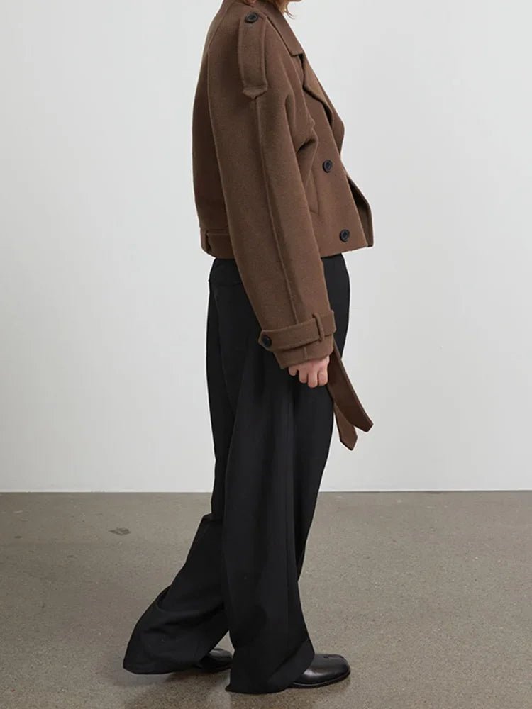 Cropped Wool Trench Jacket – Belted Double - Breasted - LunaKit.LTD