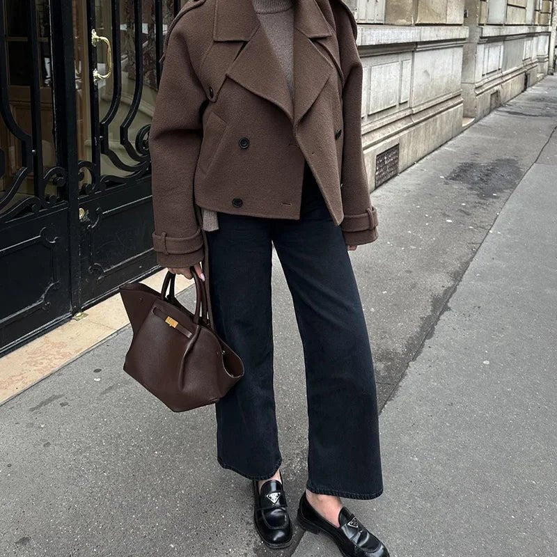 Cropped Wool Trench Jacket – Belted Double - Breasted - LunaKit.LTD