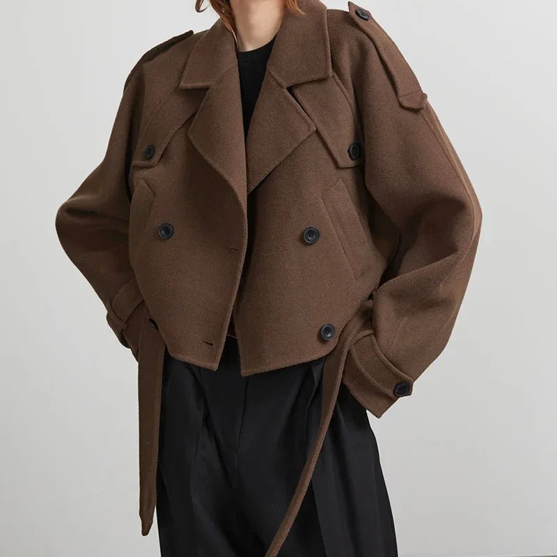 Cropped Wool Trench Jacket – Belted Double - Breasted - LunaKit.LTD