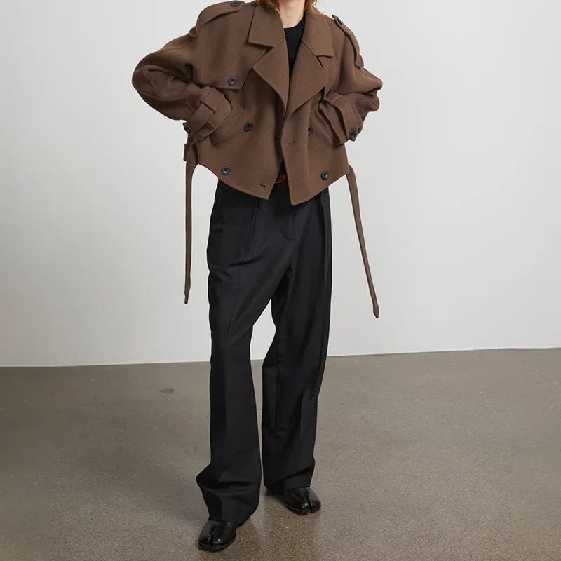 Cropped Wool Trench Jacket – Belted Double - Breasted - LunaKit.LTD