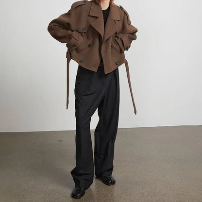 Cropped Wool Trench Jacket – Belted Double - Breasted - LunaKit.LTD