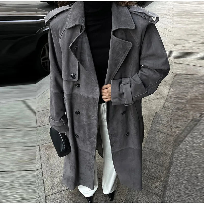 Double - Breasted Suede Trench – High Street Elegance - LunaKit.LTD