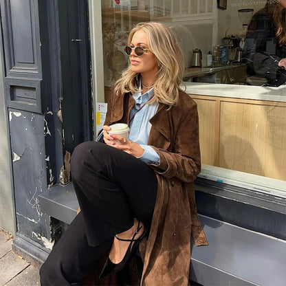 Double - Breasted Suede Trench – High Street Elegance - LunaKit.LTD