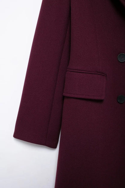 Double - Breasted Wool Maxi Coat – Elegant Burgundy - LunaKit.LTD