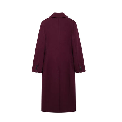 Double - Breasted Wool Maxi Coat – Elegant Burgundy - LunaKit.LTD