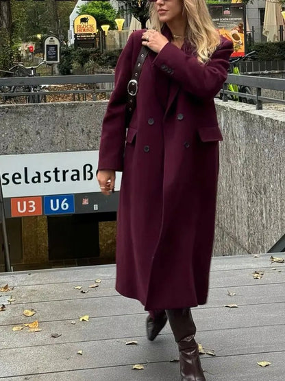 Double - Breasted Wool Maxi Coat – Elegant Burgundy - LunaKit.LTD