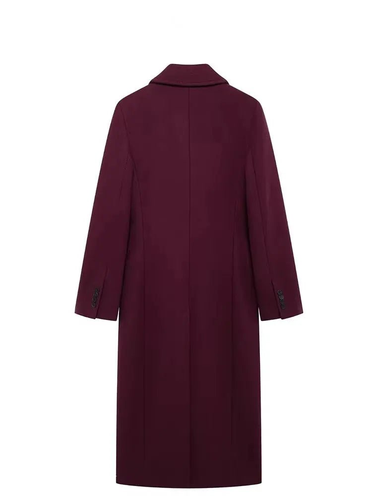 Double - Breasted Wool Maxi Coat – Elegant Burgundy - LunaKit.LTD