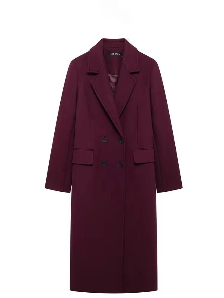 Double - Breasted Wool Maxi Coat – Elegant Burgundy - LunaKit.LTD