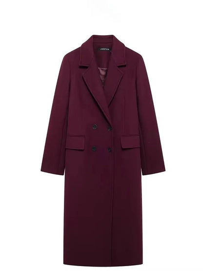 Double - Breasted Wool Maxi Coat – Elegant Burgundy - LunaKit.LTD