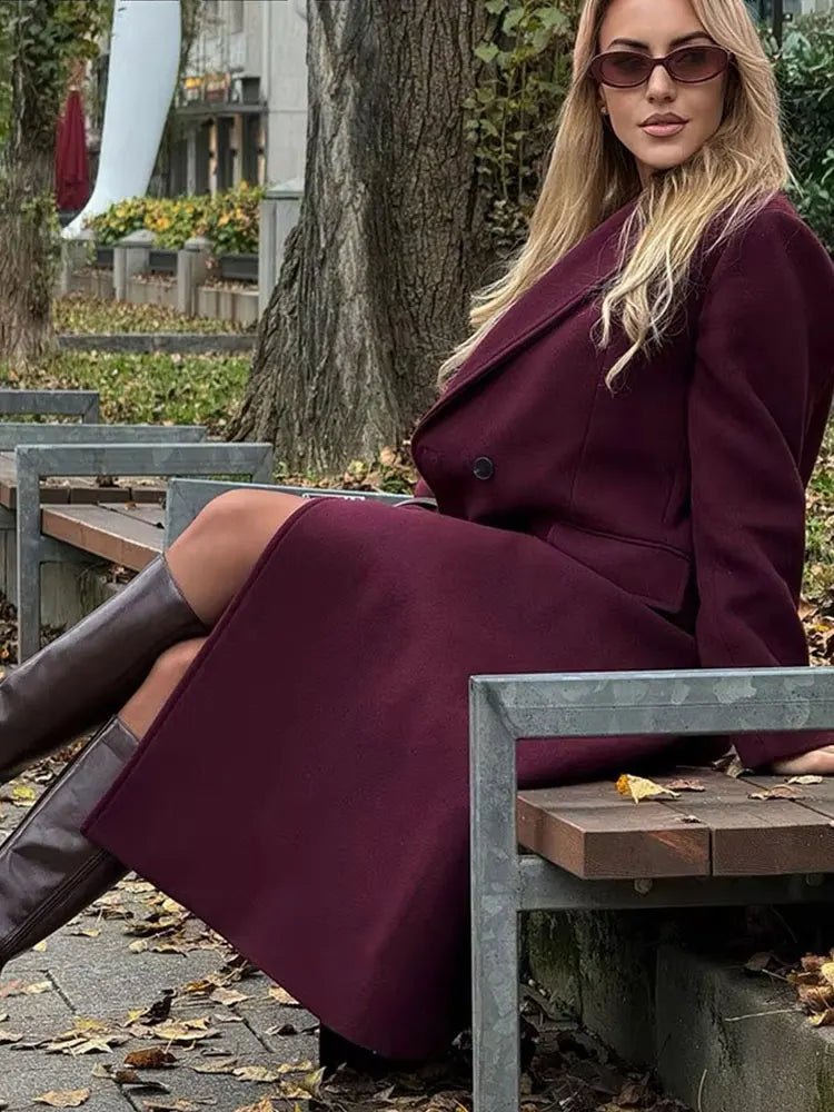 Double - Breasted Wool Maxi Coat – Elegant Burgundy - LunaKit.LTD