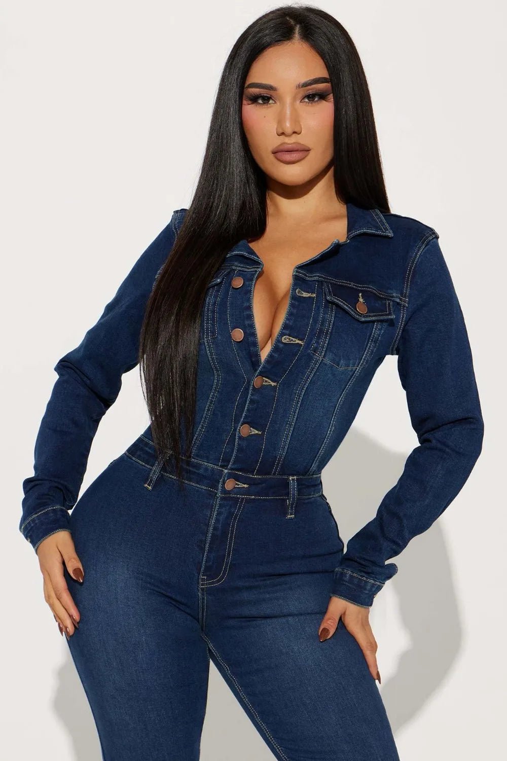 Elastic Denim Playsuit – Vintage Long - Sleeve Look - LunaKit.LTD