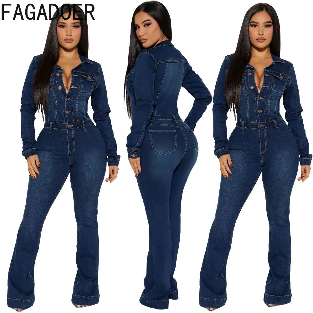 Elastic Denim Playsuit – Vintage Long - Sleeve Look - LunaKit.LTD
