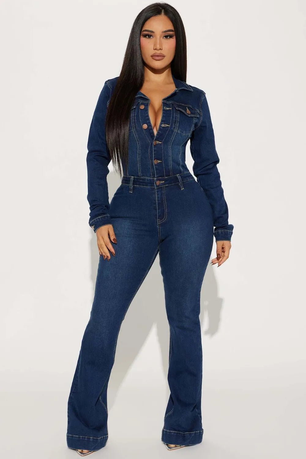 Elastic Denim Playsuit – Vintage Long - Sleeve Look - LunaKit.LTD