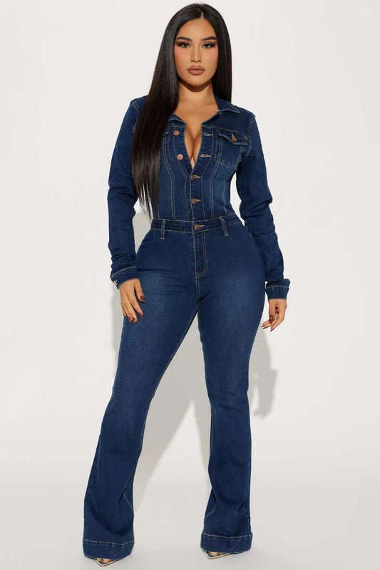 Elastic Denim Playsuit – Vintage Long - Sleeve Look - LunaKit.LTD
