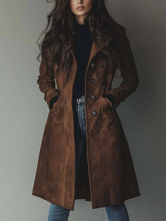 Elegant Brown Suede Coat – Single - Breasted Street Chic - LunaKit.LTD