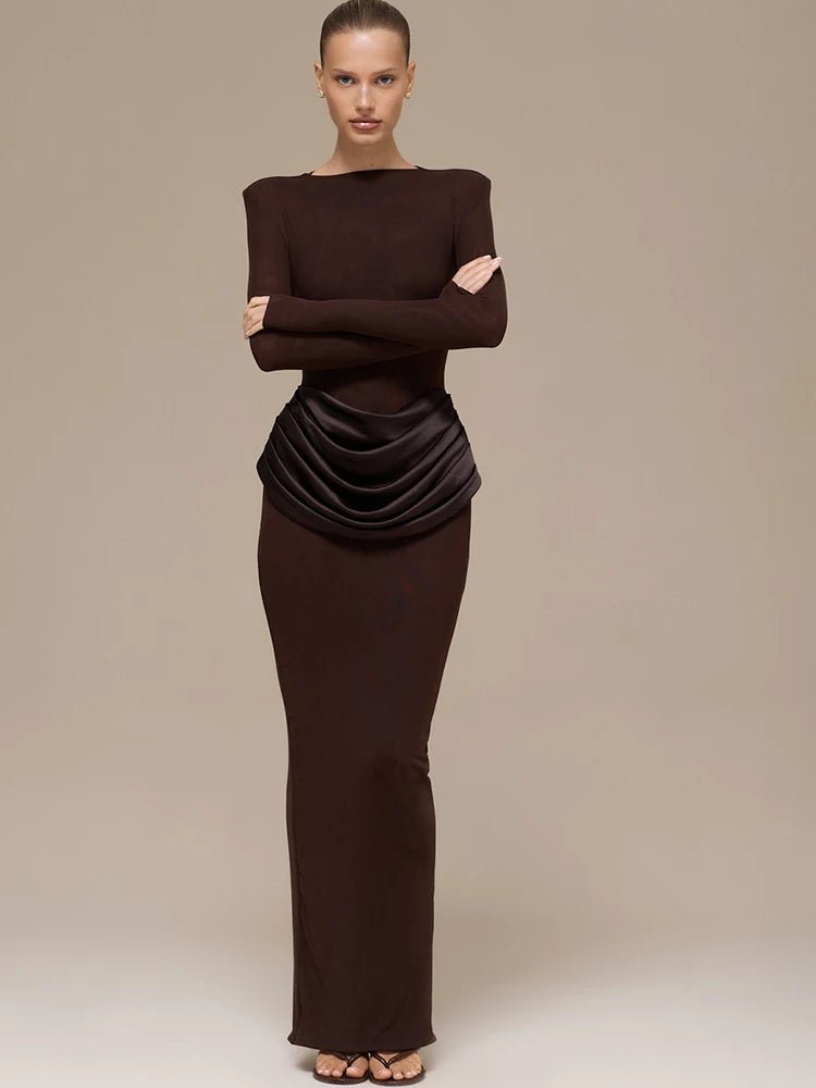 Elegant Chocolate Brown Maxi Dress – Sculpted Waist Detail - LunaKit.LTD