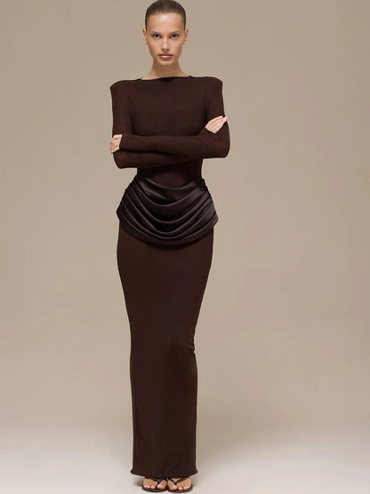 Elegant Chocolate Brown Maxi Dress – Sculpted Waist Detail - LunaKit.LTD
