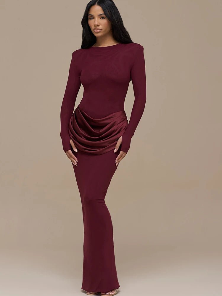 Elegant Chocolate Brown Maxi Dress – Sculpted Waist Detail - LunaKit.LTD
