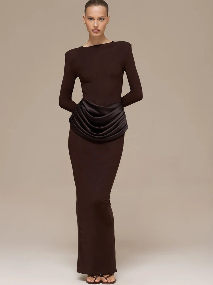 Elegant Chocolate Brown Maxi Dress – Sculpted Waist Detail - LunaKit.LTD